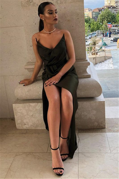 Shop 2020 Sexy Black V-Neck Close-fitting Side Split Close-fitting Ruffles Prom Dress Under 100