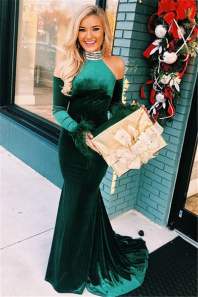 Shop Unique 2020  Green High-Neck Velvet Long Sleeves Mermaid Prom Dress With Feather From Annakoo
