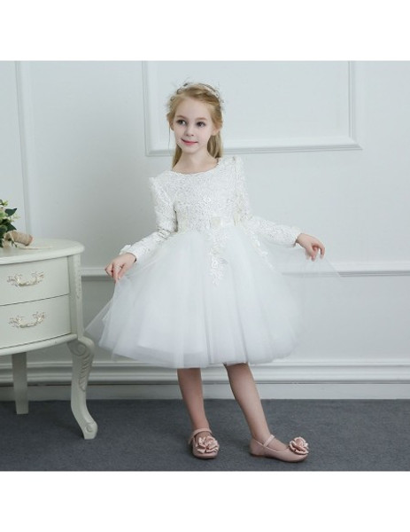 Tulle Long Sleeves White Tutus Flower Girl Dress 