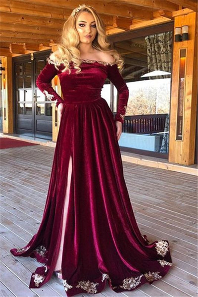 Wear a Classic Burgundy Off-The-Shoulder Velvet Long Sleeves Prom Dress For Your Big Night