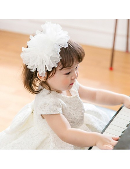 White Lace Couture Flower Girl Dress With Bow 
