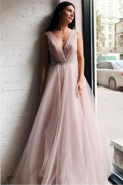 It's Prom Season Tulle V-Neck Beading Long Beading Pink Pleats Prom Dress