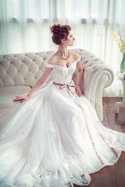 Unique White Off The Shoulder Lace Long Wedding Dress With Belt