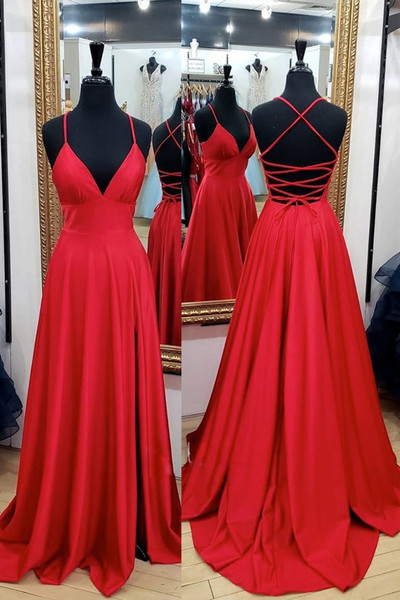 Adorn a jaw-dropping look wearing Red Satin Spaghetti Straps A Line Cross Back Long Prom Dress