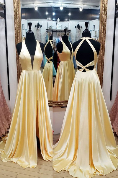 Exquisite Yellow Satin Halter Backless A Line Prom Dress With Slit Under 100