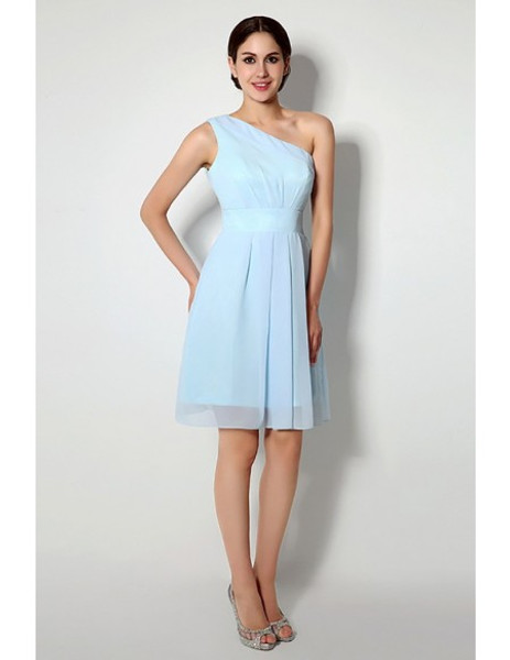  Light Sky Blue One Shoulder Short Bridesmaid Dress