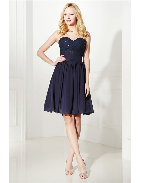 Strapless Navy Blue Lace Top Short Bridesmaid Dress