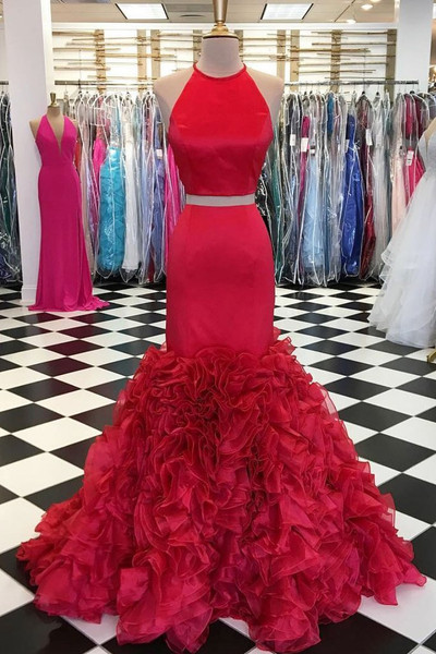 Shop 2020 Red Two Piece Satin Ruffles Mermaid Long Prom Dress under 179
