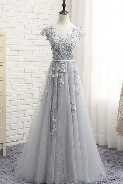 Shop 2020 Cheap Cap Sleeves Tulle Appliques See Through Gray Scoop Tulle Prom Dress From Annakoo