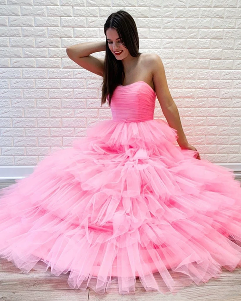 Browse Our Lovely Strapless Layered Pink Long Tulle Formal Prom Dress Under 200