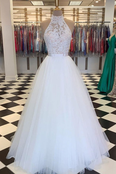 Turn heads in White High Neck Appliques Zipper Back Tulle Prom Dress With Belt For 2020 Prom