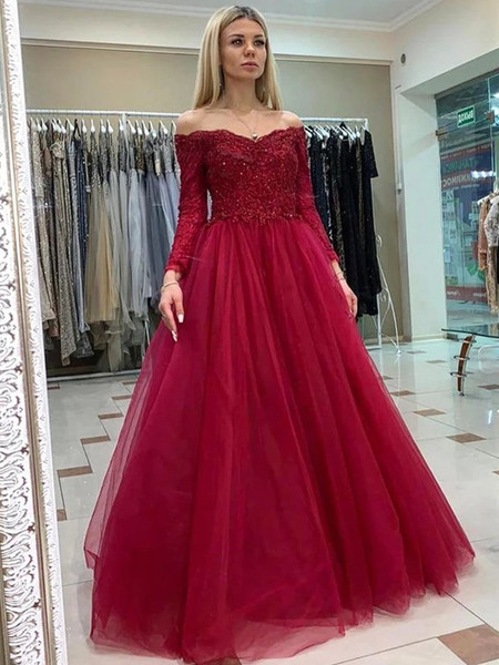 Be The Prom Queen In Off The Shoulder Long Sleeves Tulle Burgundy Lace Prom Dress