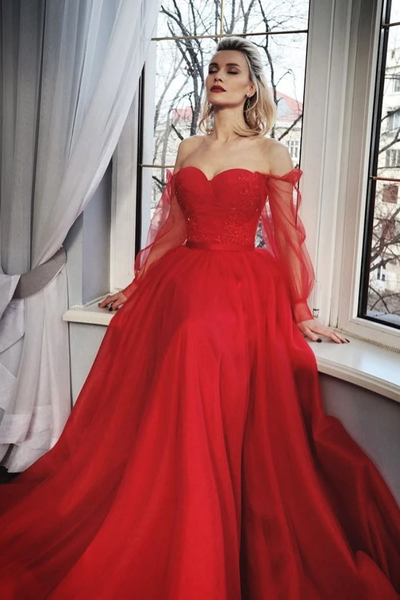 A Great Variety Of Red Long Sleeve Tulle Off The Shoulder Beading Prom Dress Under 200