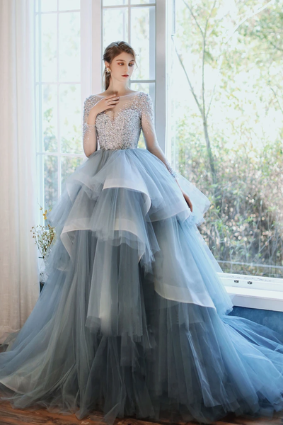 Order Your Ideal Blue Long Sleeve Lace Up Ruffles Beading Tulle Prom Dress Under 300