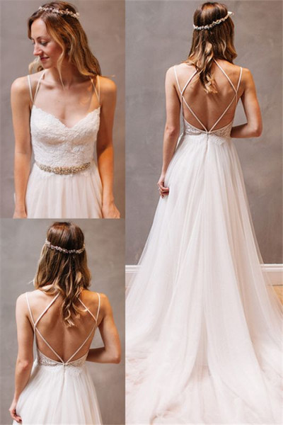 100% Custom Made Spaghetti Strap Summer  A-Line Tulle Open Back Beach Boho Wedding Dress