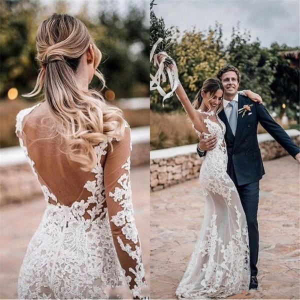 See Through Lace Close-fitting Cheap Long Sleeve Outdoor Beach Wedding Dress At Incredible Price