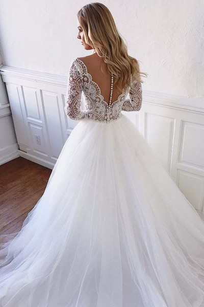 We Specialize In Custom Made Long Sleeve See Trough Vintage Fluffy Tulle Lace Bridal Wedding Dress