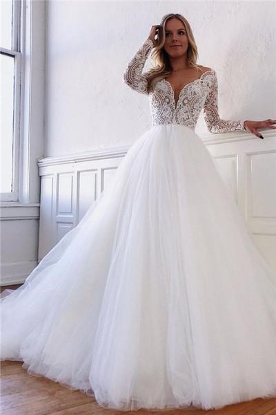 We Specialize In Custom Made Long Sleeve See Trough Vintage Fluffy Tulle Lace Bridal Wedding Dress