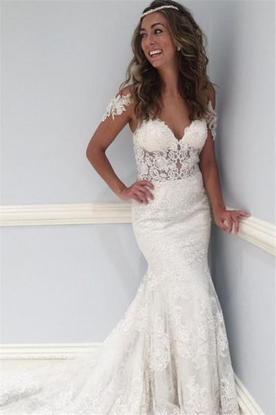 Shop Beautiful Lace V-Neck Sexy Ruffles See Through Cap Sleeve Wedding Dress Under 200