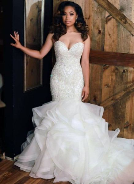 Shop Beautiful Mermaid Cheap Beaded Sweetheart Neck Ruffles Skirt Wedding Dress Under 200