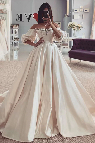 Shop Beautiful Beads Off The Shoulder Satin Short Sleeve Ball Gown Wedding Dress Under 200
