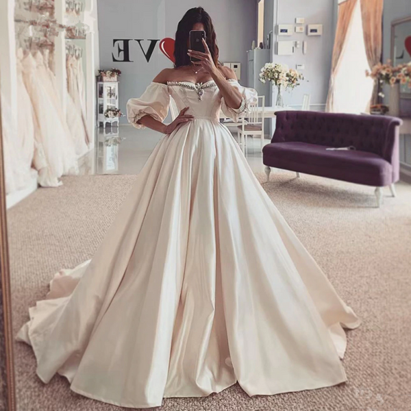 Shop Beautiful Beads Off The Shoulder Satin Short Sleeve Ball Gown Wedding Dress Under 200

