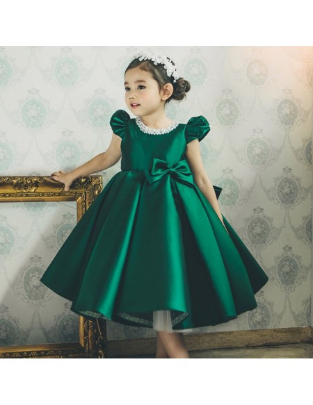 Bubble Sleeves Green Satin Flower Girl Dress