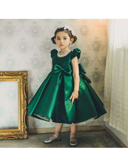Bubble Sleeves Green Satin Flower Girl Dress