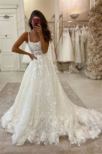 Shop 2020 Lace Appliques Spaghetti Straps A-line Sweep Train Cheap Bridal Wedding Dress Under 250