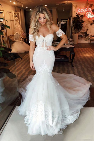 Buy 2020 Off-the-shoulder Puffy Appliques Mermaid Sweep Train Tulle Wedding Dress Under 259