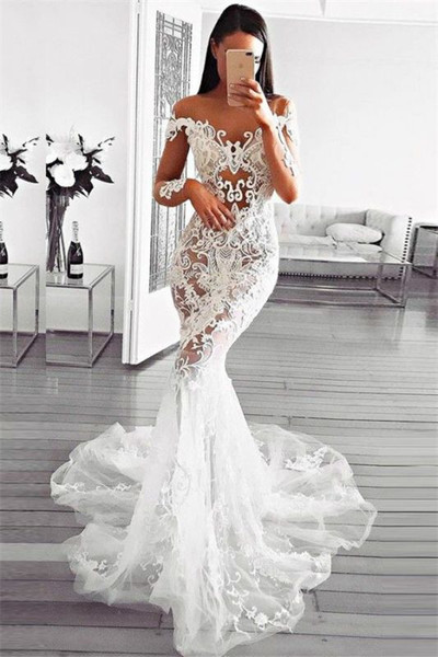 Shop 2020 Mermaid Off Shoulder Long Sleeve Appliques Sheer Bridal Wedding Dress Under 300