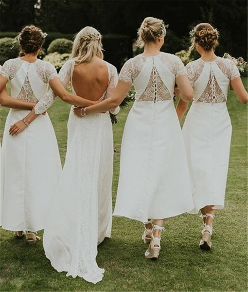 Shop Beautiful Hi Lo Short Sleeve White Satin Lace Bridesmaid Dress Under 99