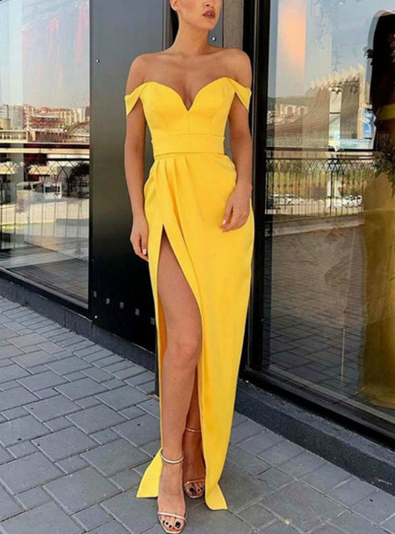Buy Cheap 2020 Satin Off the Shoulder Yellow Mermaid Pleats Prom Dress Under 98