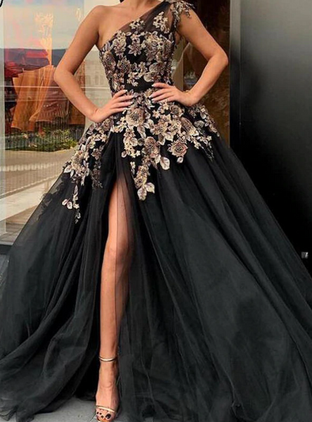 Shop 2020 Black Ball Gown Tulle one Shoulder Embroidery Prom Dress Under 200