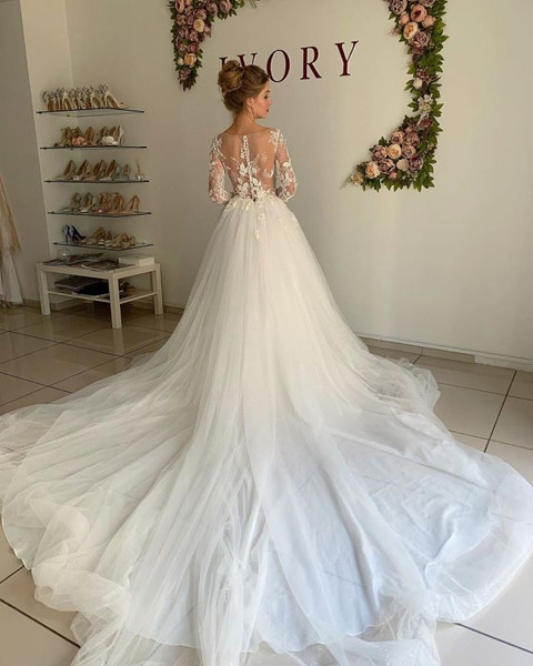 Buy 2020 Sheer Tulle Elegant Long Sleeve A-line Appliques Wedding Dress Under 259