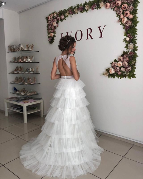 Shop Unique Tulle Ruffles Straps V-neck Cheap A-line Wedding Dress Under 200