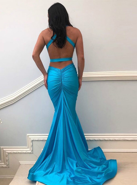 Shop Beautiful Open Back V-neck Elastic Satin Backless Pleats Blue Mermaid Prom Dress Under 125