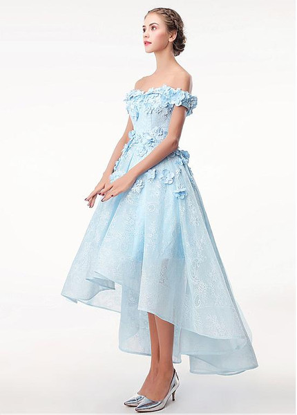 Lace Off-the-shoulder 3D Flowers  Hi-lo A-line Prom Dress 