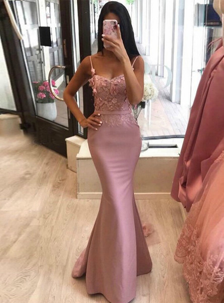 Shop Cheap Appliques Spaghetti Straps Appliques Pink Mermaid Satin Prom Dress Under 200