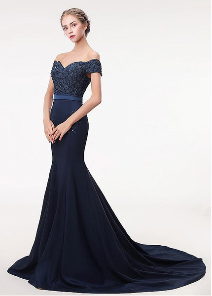 Stretch Satin Off-the-shoulder Beading Mermaid Evening Dress