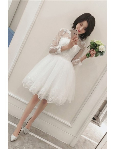 Lace Tulle Short Long Sleeves Sheer Neckline Wedding Reception Dress