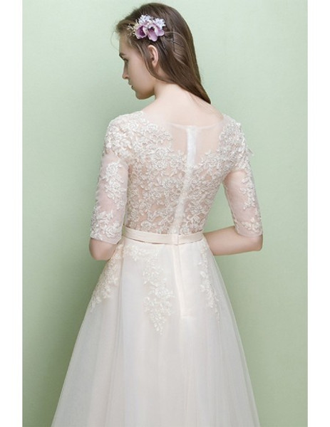 Shop 2020 Lace Half Sleeve Tea Length Light Champagne Wedding Reception Dress  Under 95