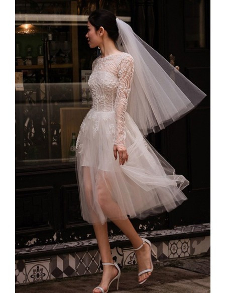 Shop Cute Short Tulle See-through Long Sleeves Short Wedding Dress Under 165