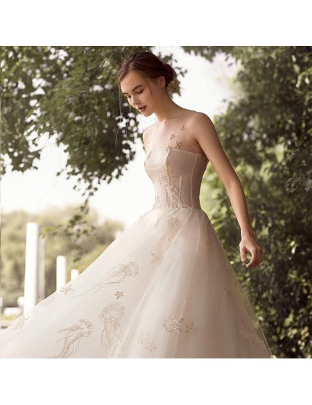 Shop Romantic Summer Sheer Neckline Appliques Tea Length Tulle Wedding Dress  Under 148