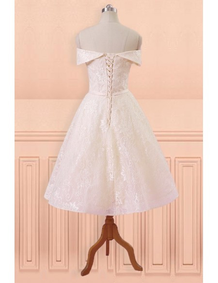 Buy Annakoo New Designer Off Shoulder Tea Length Champagne Lace Wedding Dress with Sash