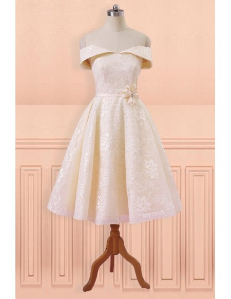 Buy Annakoo New Designer Off Shoulder Tea Length Champagne Lace Wedding Dress with Sash