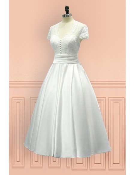 Shop 2020 Tea Length Cap Sleeves Sheer Back Satin Buttons Wedding Dress Under 135