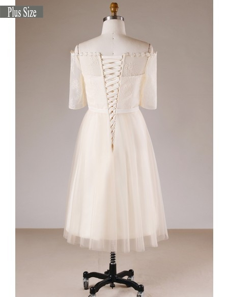 Plus Size Champagne Short Sleeves Lace Off Shoulder Wedding Dress