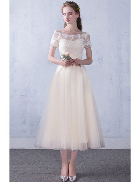 Shop 2020 Off The Shoulder Short Sleeve Champagne Tea Length Wedding Dress Under 118