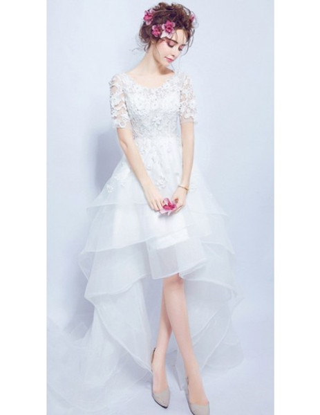Shop 2020 High Low Scoop Short Sleeves Organza Tulle Wedding Dress  Under 128